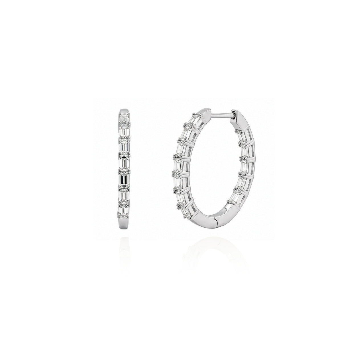 STERLING SILVER RHODIUM PLATED BAGUETTE CUT 3CT LAB DIAMOND HOOPS