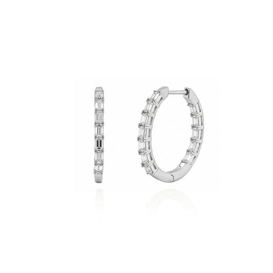 STERLING SILVER RHODIUM PLATED BAGUETTE CUT 3CT LAB DIAMOND HOOPS
