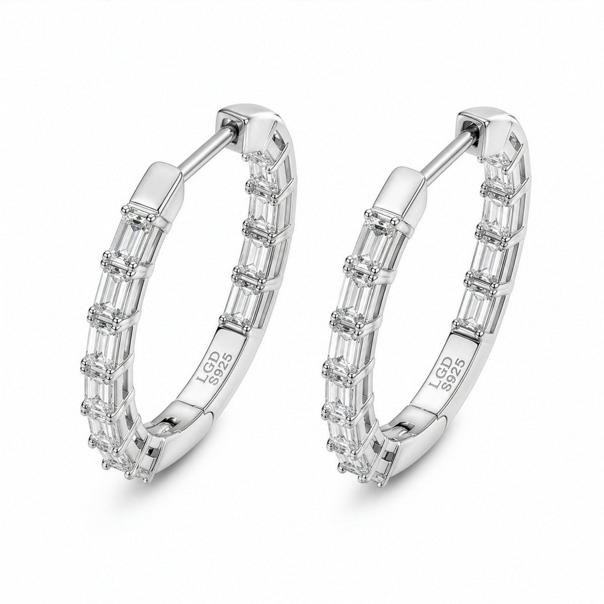 STERLING SILVER RHODIUM PLATED 2CT EMERALD CUT LAB DIAMOND HOOPS